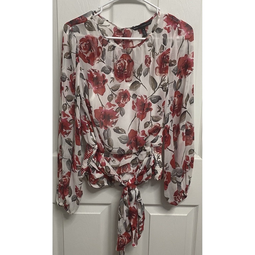 White House Black Market Women Floral Chiffon Sheer Tie Waist Blouse Floral Red6